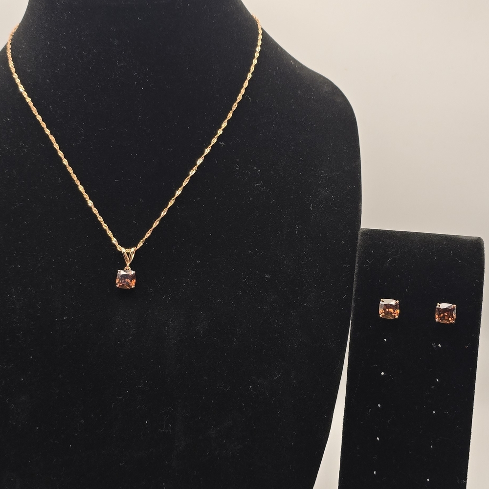 Rose Gold Plated 925 Necklace And Earring Set With Golden Brown Stone